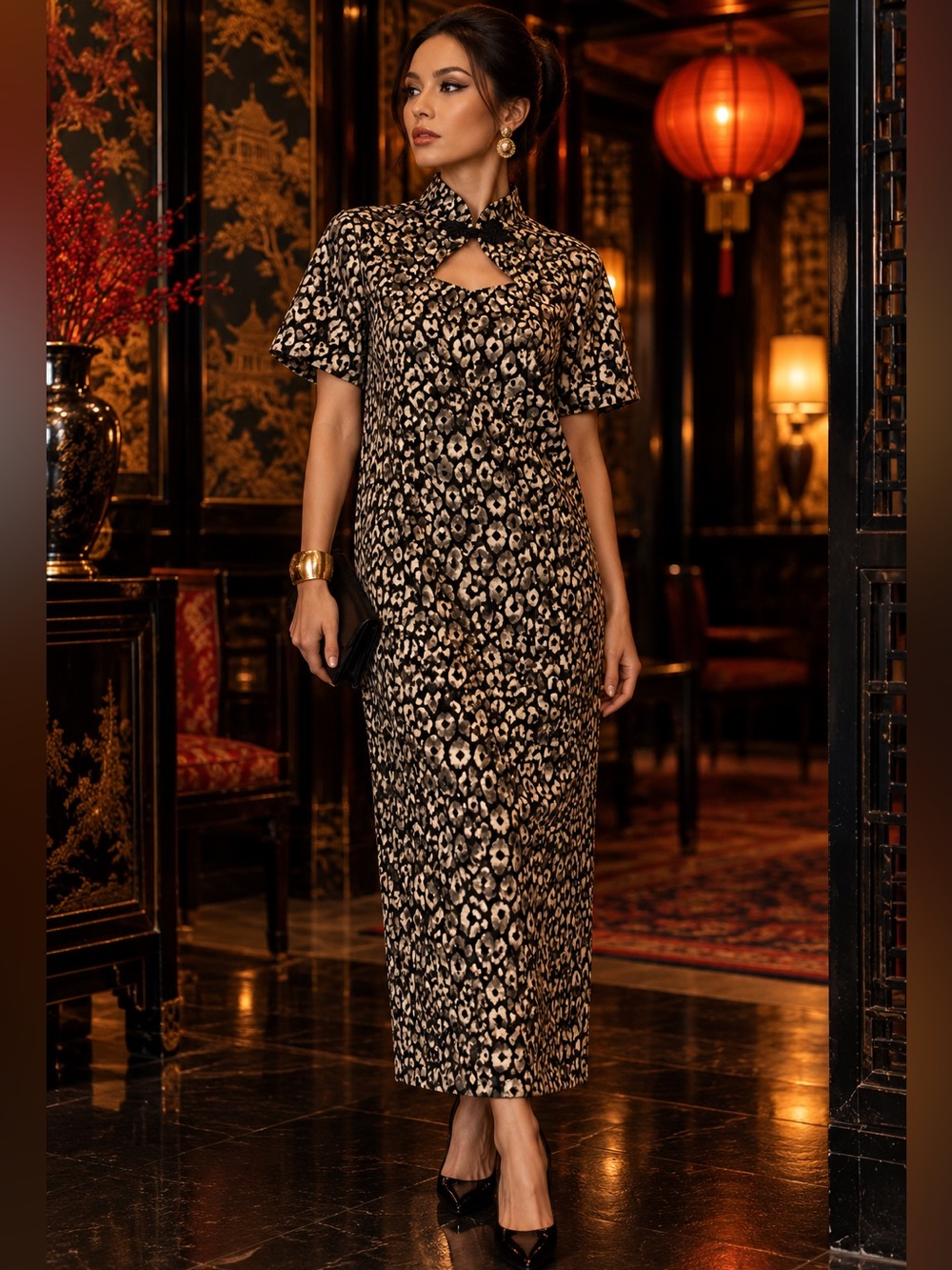 Vintage Black Gray Best Fit Animal Print Mandarin Collar Cutout Midi Dress